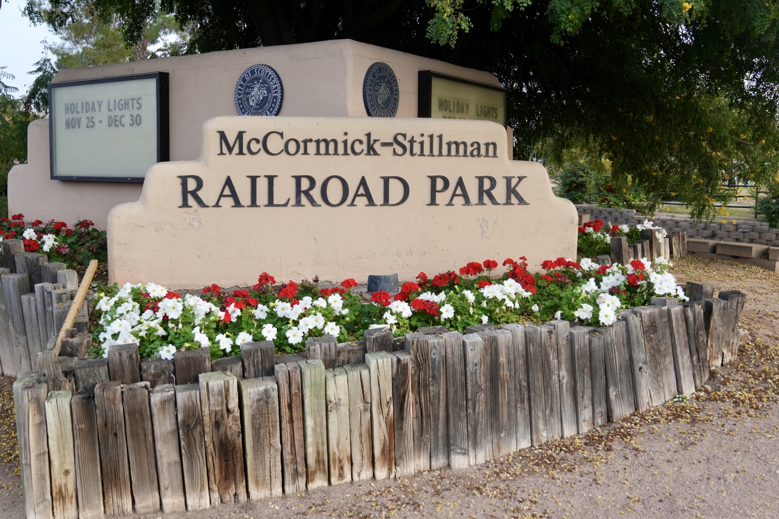 McCormick-Stillman Railroad Park decorated with lights at night